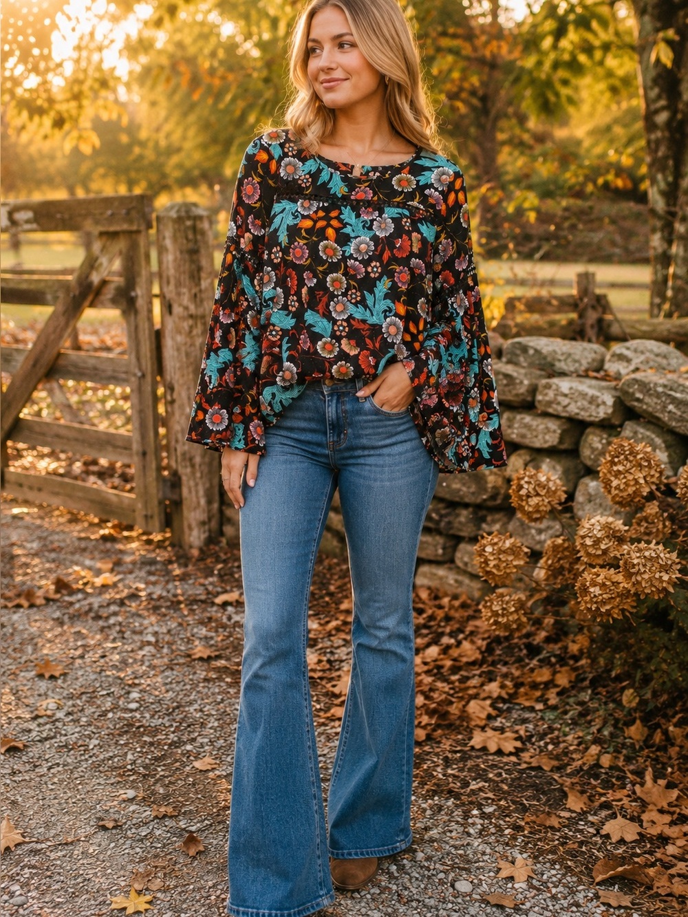 Hannah Floral Boho Bell Sleeve Blouse Size Small Black Teal Crochet Trim
